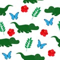 Seamless pattern Crocodile tropical leaves and flowers butterfly vector illustration Royalty Free Stock Photo